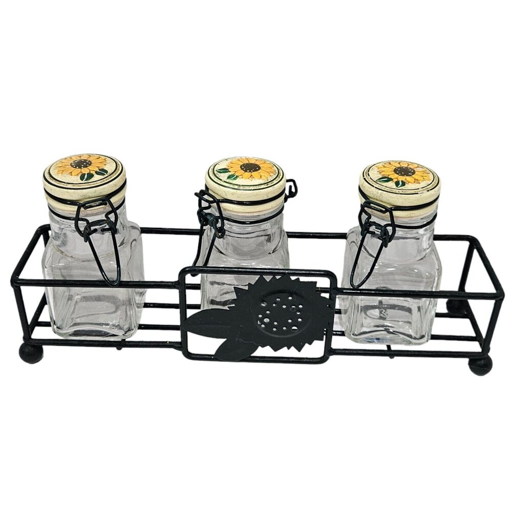 Vintage Sunflower Spice Jars - Metal Rack Glassware Kitchen Spice Jars 1980s/90s